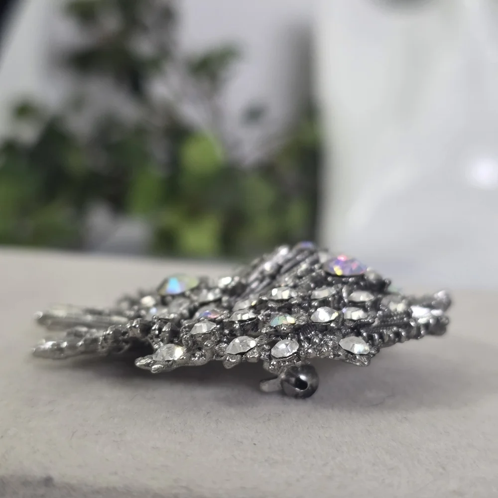 Vintage Silver Starburst Brooch Pin with Crystal Accents